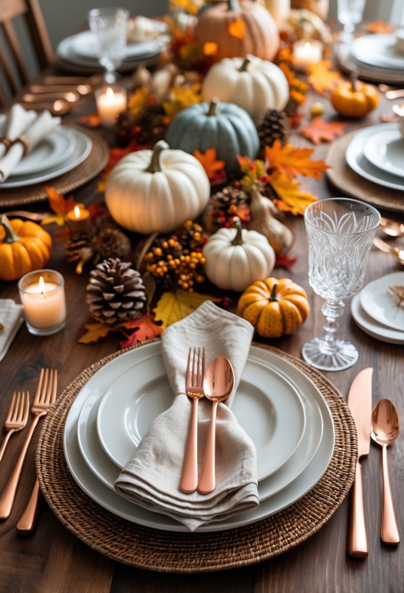 A Thanksgiving dining table set with copper flatware, autumn decorations, and candles.