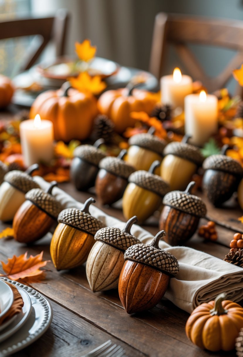 A Thanksgiving dining table set with twelve hand-painted acorn napkin rings holding folded cloth napkins, surrounded by autumn decorations like pumpkins, leaves, and candles.