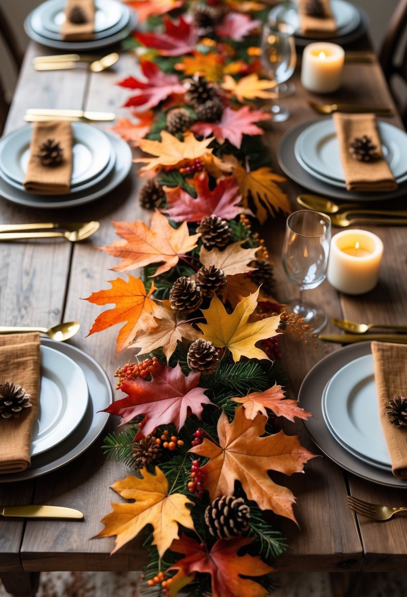A Thanksgiving dining table with a centerpiece garland of colorful autumn leaves, pinecones, and berries, surrounded by plates and cutlery.