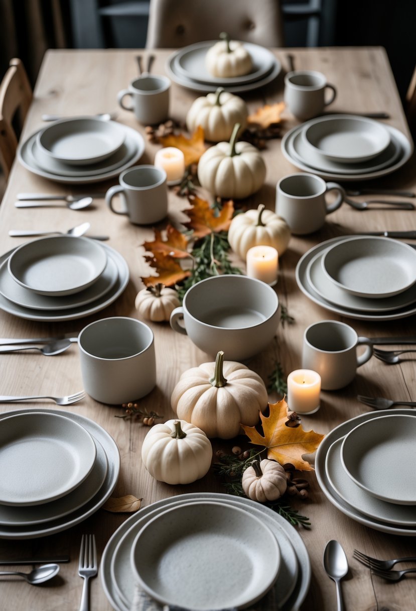 A Thanksgiving dining table set with neutral-colored ceramic plates, bowls, and mugs, decorated with autumn leaves, small pumpkins, candles, and greenery.
