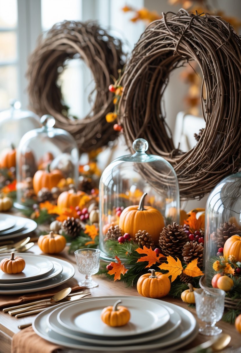 Thanksgiving table with woven grapevine wreaths displayed under glass cloches surrounded by autumn decorations.