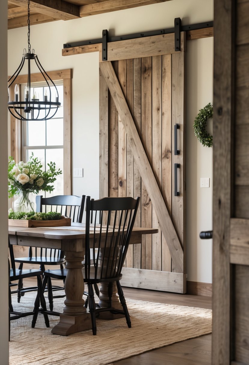 Dining room with a large wooden table and chairs, featuring a rustic barn door on the wall.
