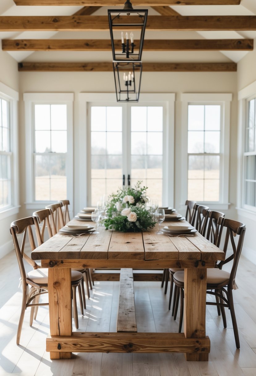 A spacious dining room with a large wooden dining table and chairs, illuminated by natural light from large windows.