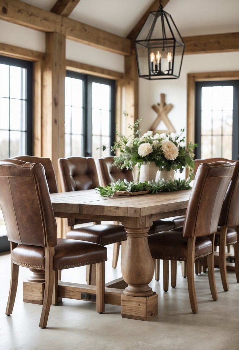 A dining room with leather upholstered chairs around a wooden table, illuminated by natural light.