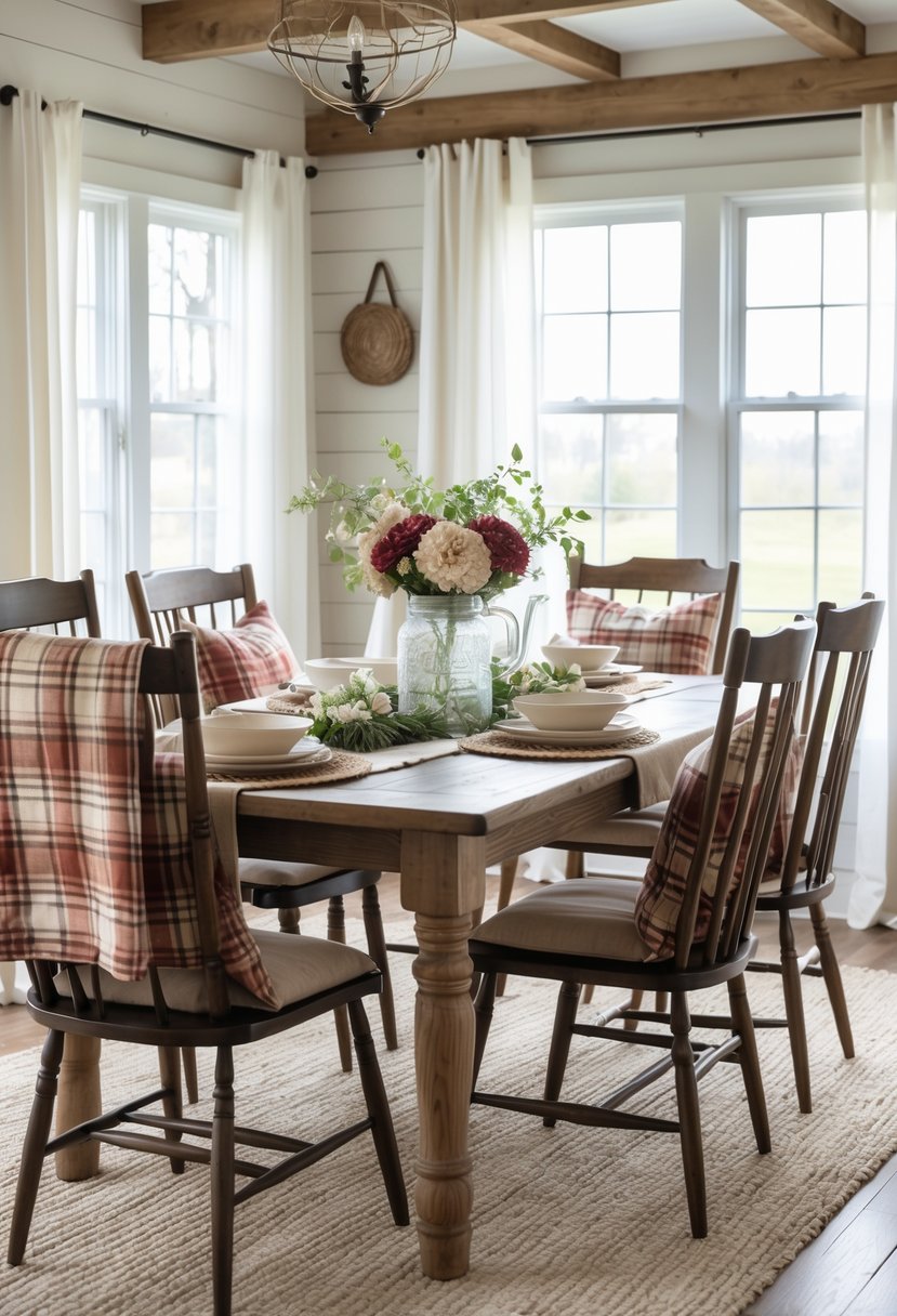 A farmhouse dining room with a wooden table and chairs featuring plaid cushions and throws, lit by natural light from large windows.