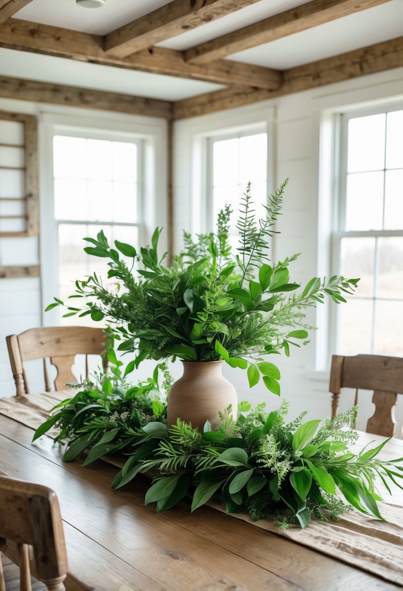 A farmhouse dining room with a wooden table and a natural greenery centerpiece in a rustic vase.