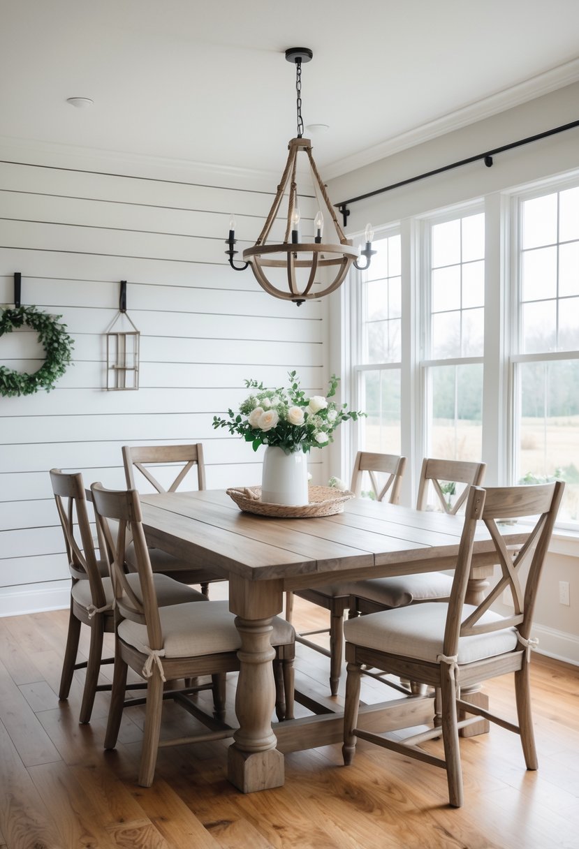 A bright dining room with a wooden table, chairs, and white horizontal shiplap walls.
