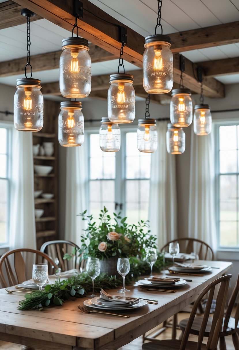 A farmhouse dining room with vintage mason jar lights hanging above a wooden dining table set for a meal.