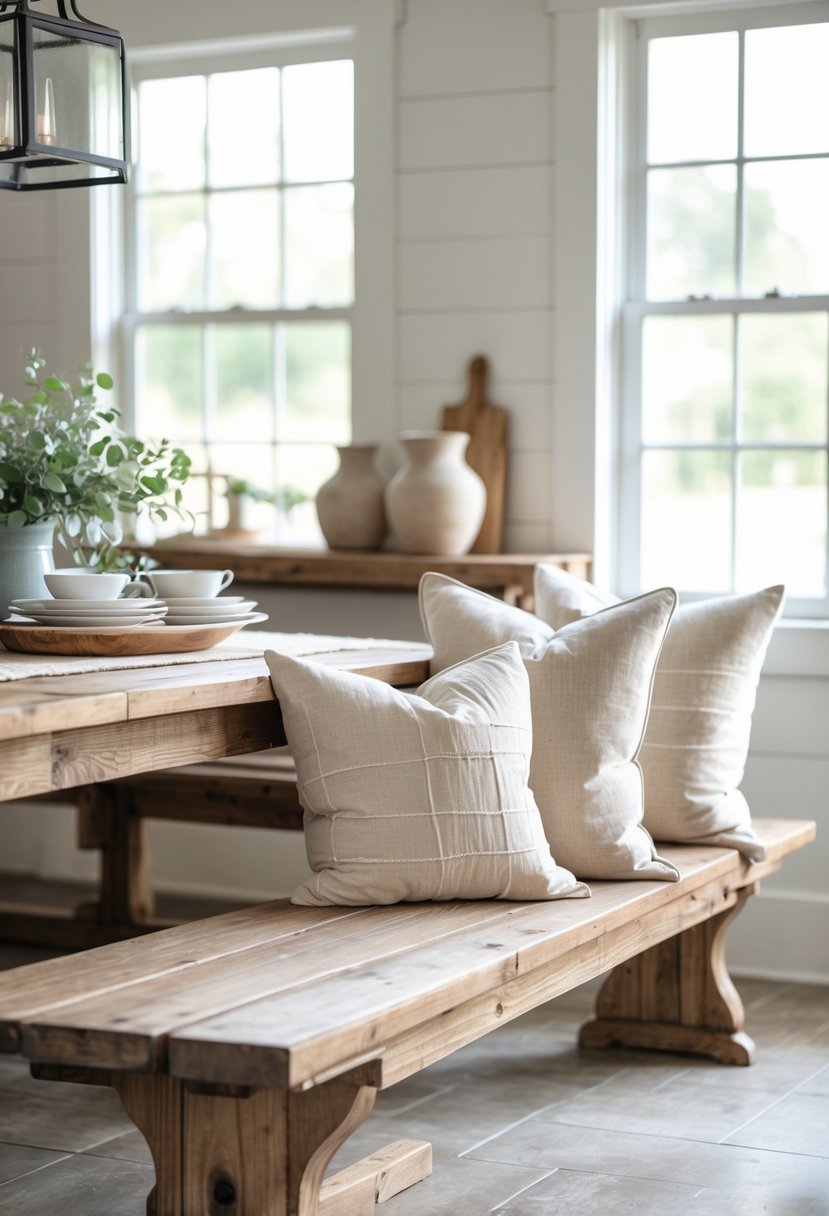 A wooden bench with cushions next to a dining table in a farmhouse dining room.