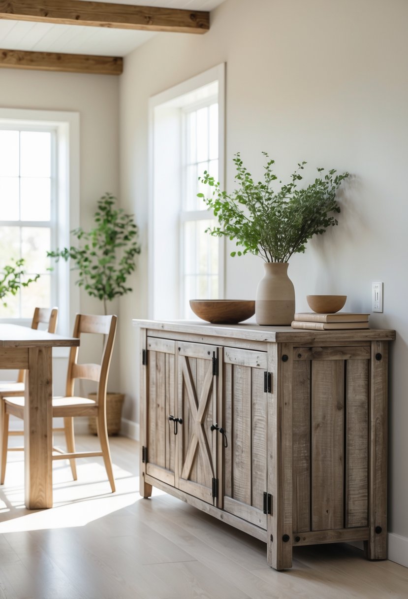 A distressed wood sideboard in a dining room with a wooden table, chairs, and natural light.