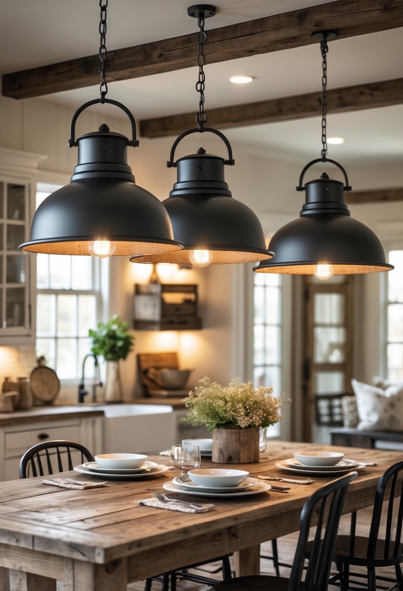 A farmhouse dining room with a wooden table and three industrial metal pendant lights hanging above it.