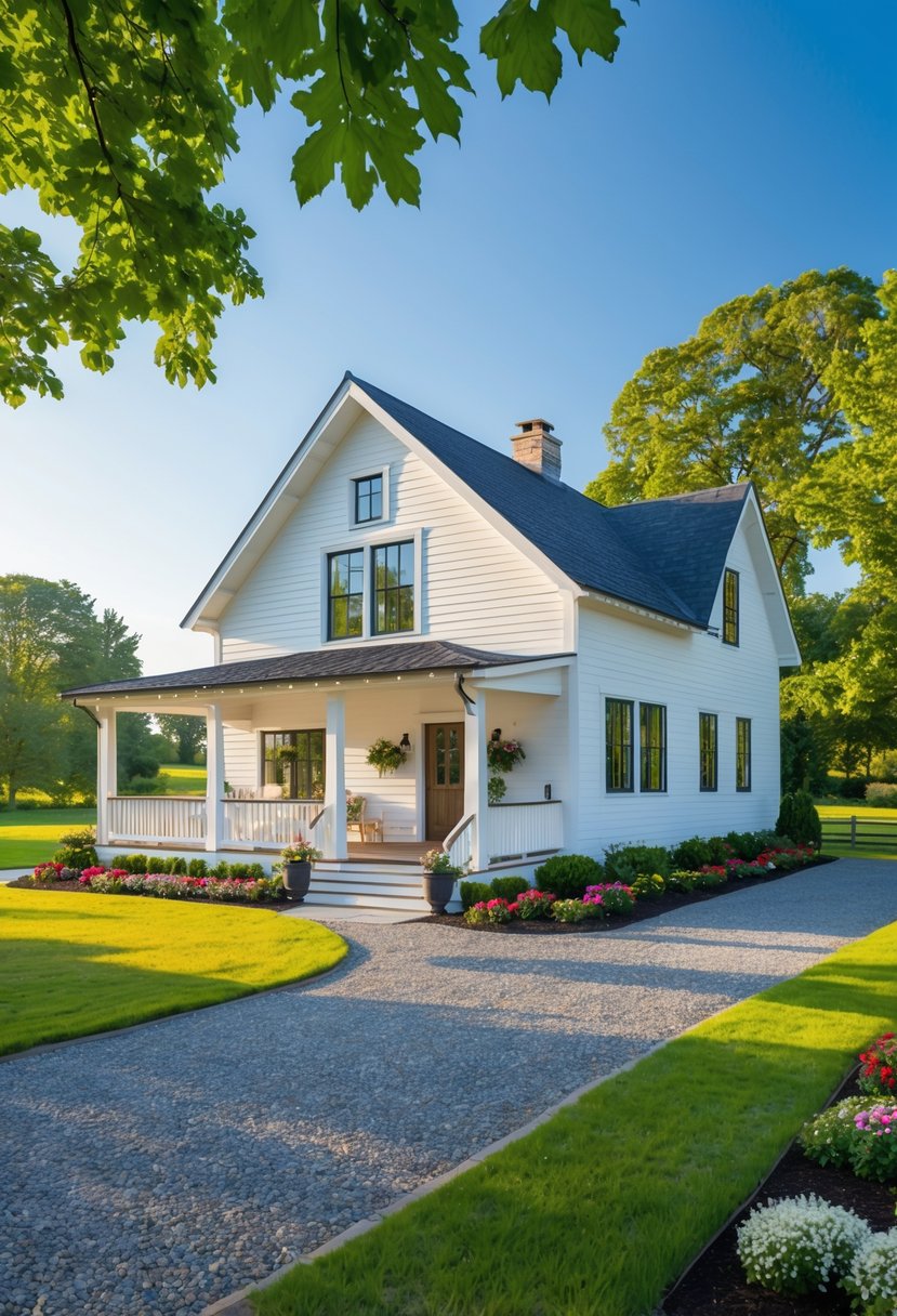 A white farmhouse with a front porch, surrounded by green lawn, flowers, and trees under a clear blue sky.