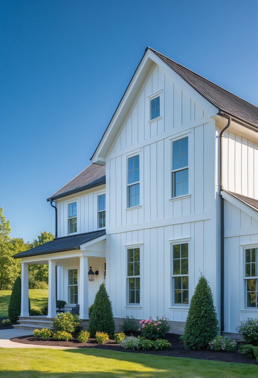 Exterior view of a farmhouse with white vertical wooden siding and green lawn under a clear blue sky.