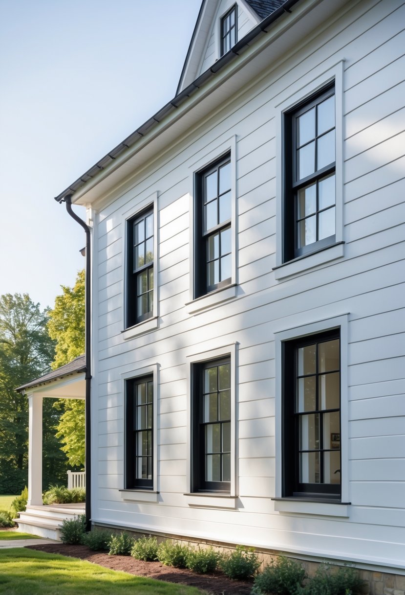 Exterior view of a white farmhouse with black window frames under a clear sky.