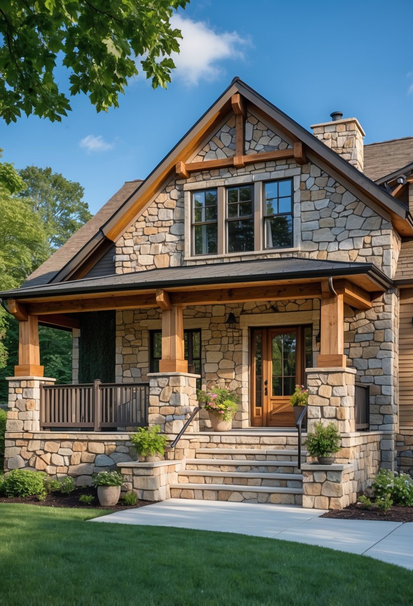 A farmhouse exterior with stone accents and a wooden porch surrounded by greenery on a sunny day.