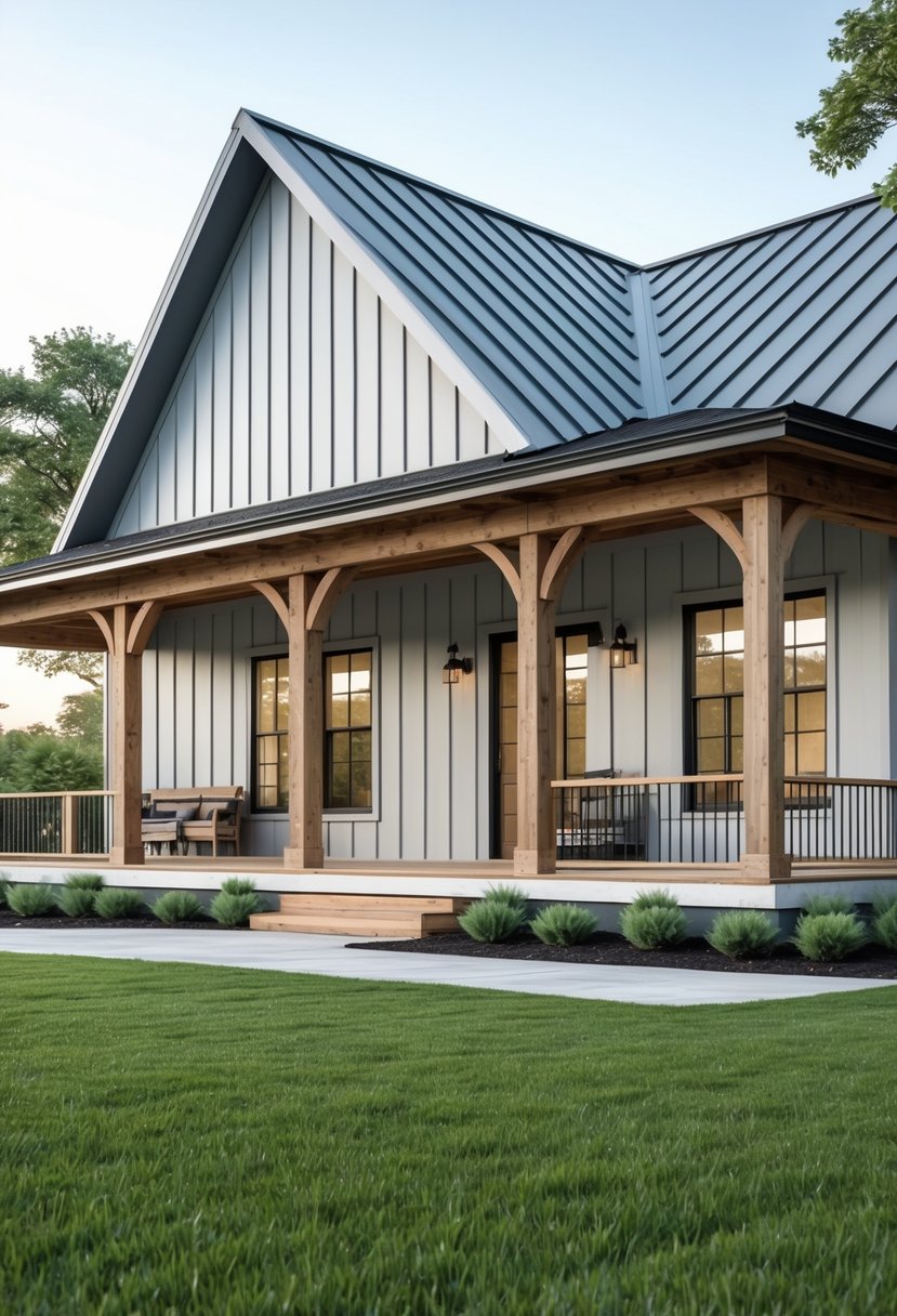 A modern farmhouse exterior with a gray metal roof, wooden porch, and green lawn under a clear sky.