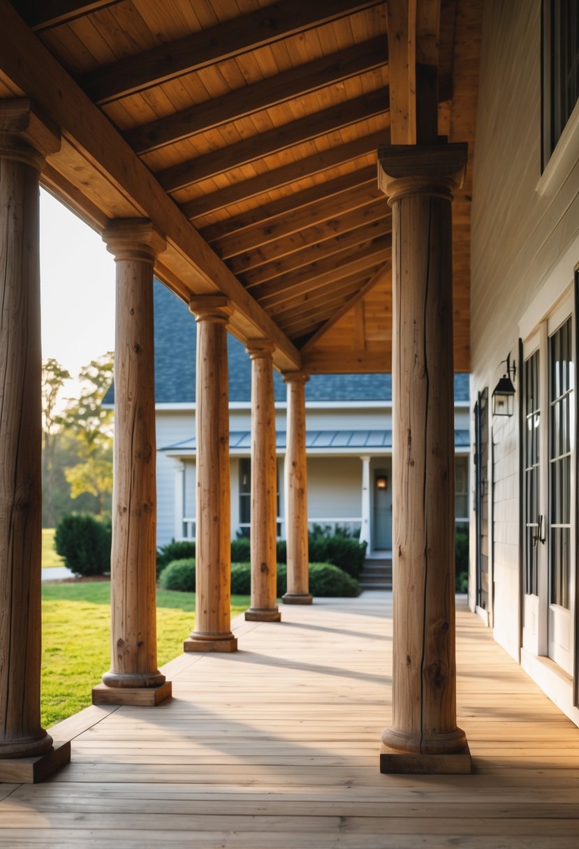 Covered front porch with wooden columns on a farmhouse exterior.
