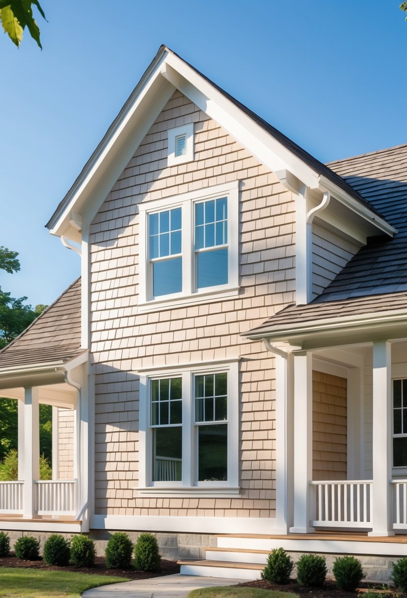 A close-up view of a farmhouse exterior with wooden shingles and a porch under a clear blue sky.