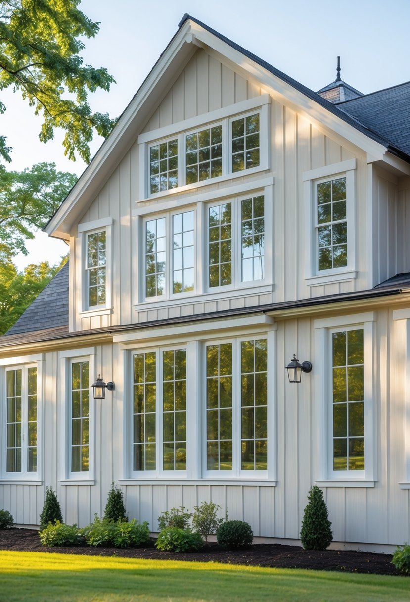 A large farmhouse exterior with multiple windows and natural light shining through, surrounded by greenery and a lawn.
