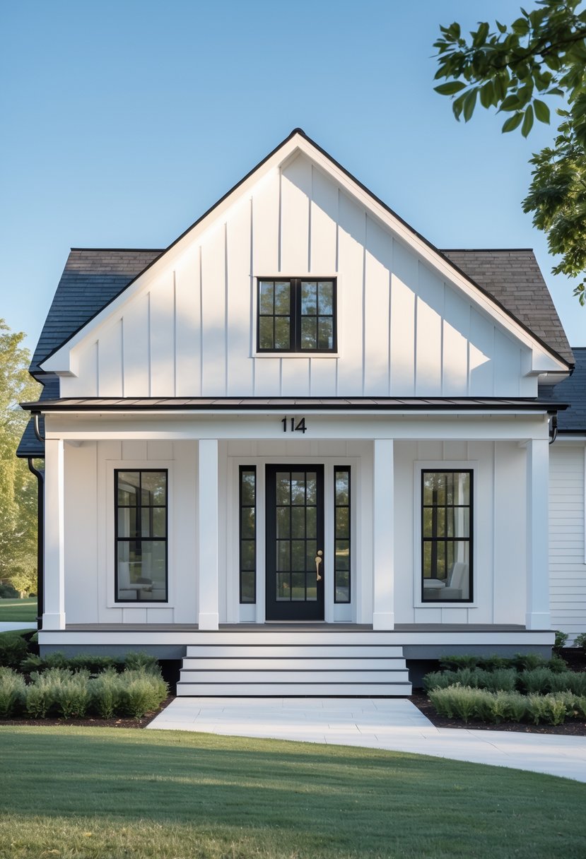 Exterior view of a modern farmhouse with white siding, large windows, and a front porch under a clear sky.