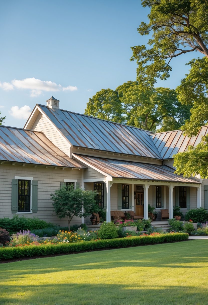 A farmhouse with vintage tin roofs surrounded by greenery and a clear sky.