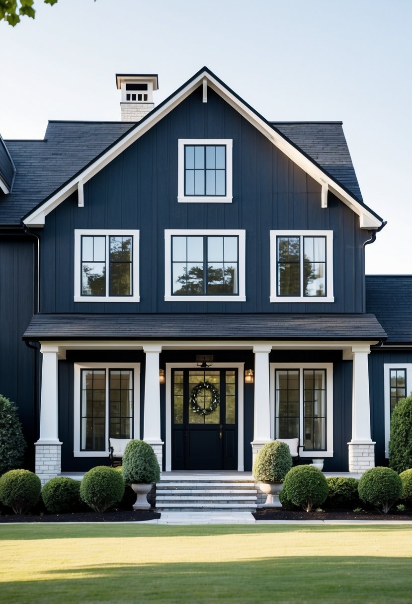 A dark-colored farmhouse with contrasting white trim surrounded by greenery under a clear sky.
