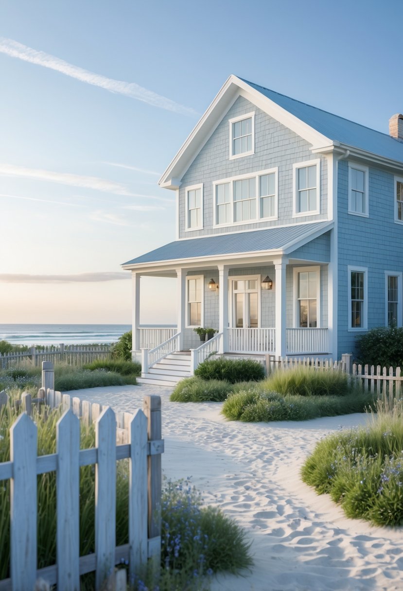 A two-story farmhouse with light blue and gray exterior surrounded by greenery and a sandy path, with the ocean visible in the background under a clear sky.