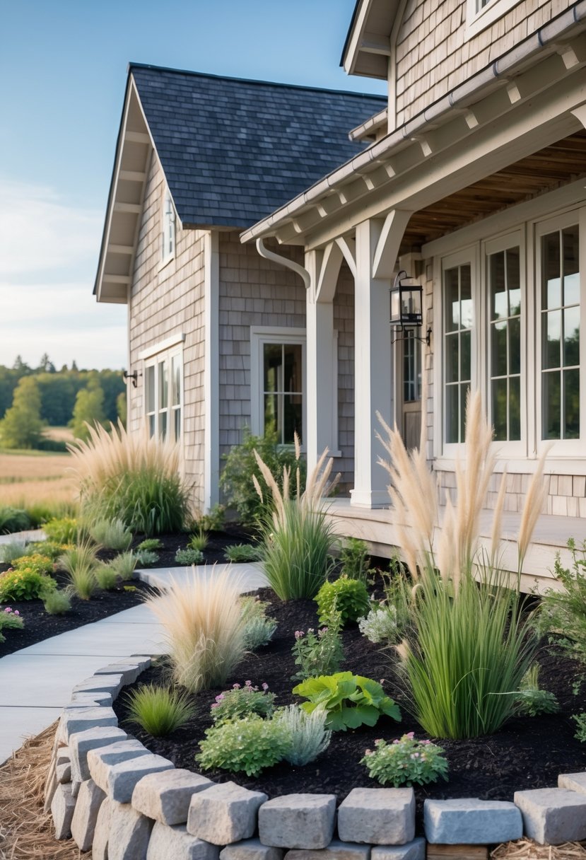 A farmhouse exterior with simple landscaping featuring native plants and a welcoming front porch.