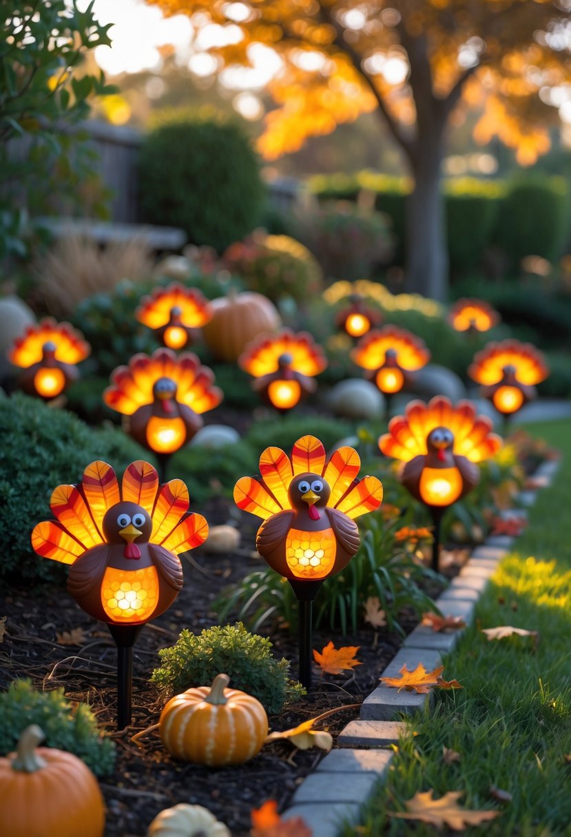 Fifteen colorful turkey-shaped garden stake lights arranged outdoors in a garden with autumn leaves, pumpkins, and green grass.