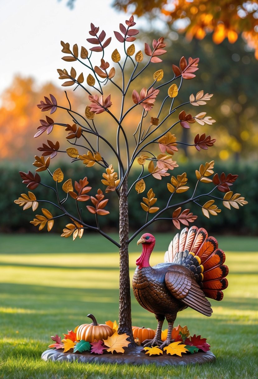 A metal tree yard decoration with a turkey figure, displayed outdoors on green grass with fall foliage in the background.