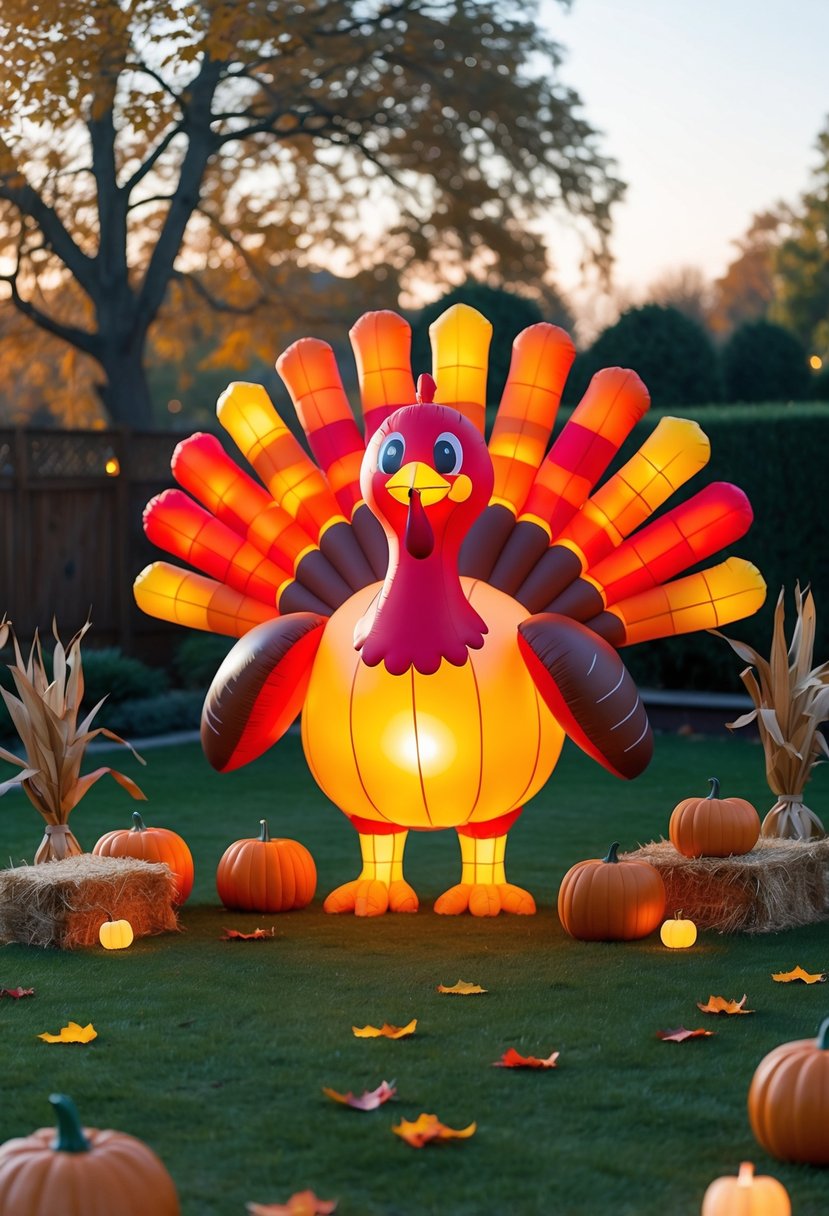 A large inflatable Thanksgiving turkey with LED lights surrounded by various fall decorations in a backyard.