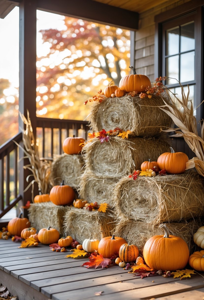Hay bales decorated with pumpkins, fall leaves, and corn stalks on a wooden porch outdoors.