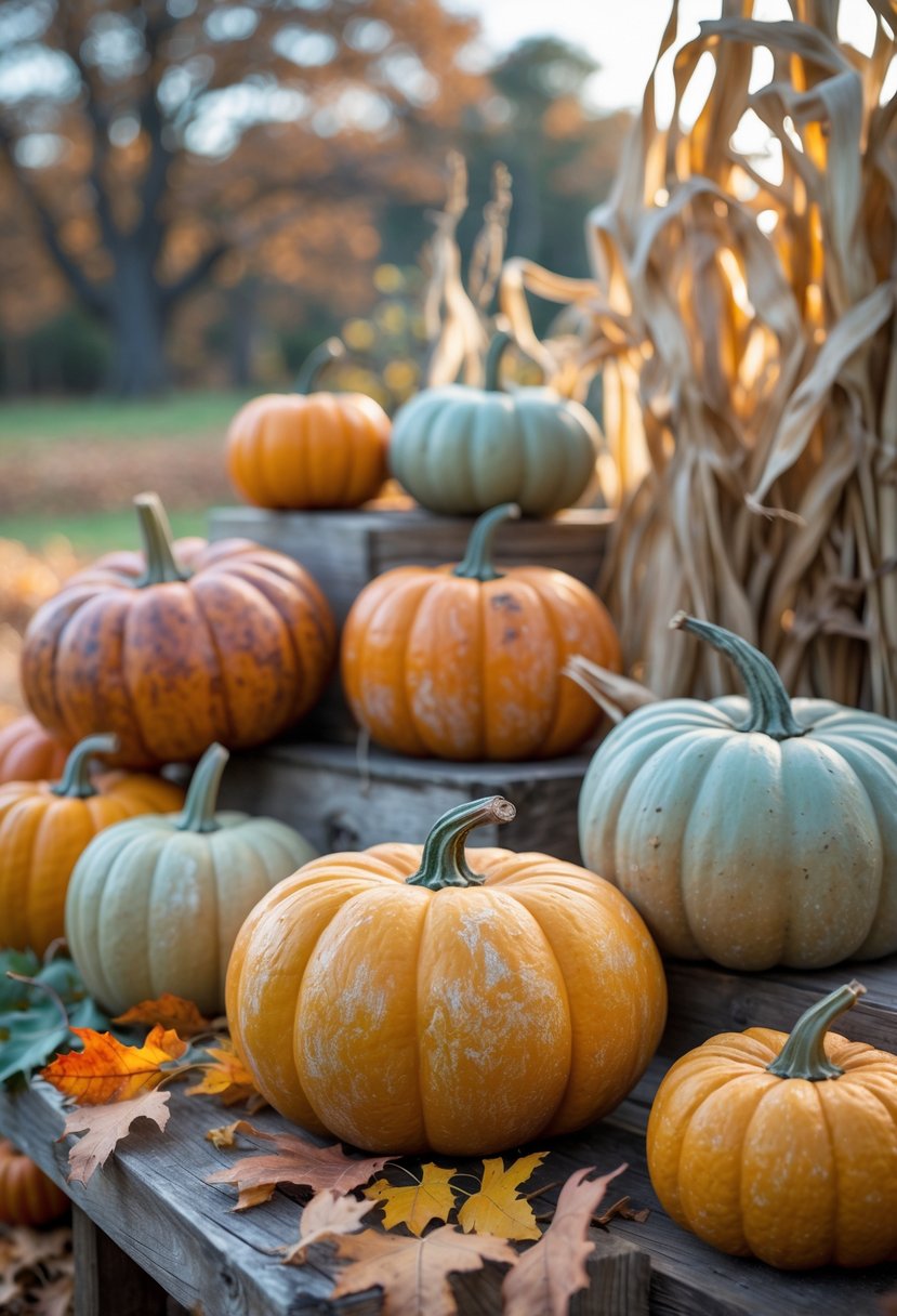A group of colorful rustic pumpkins of various sizes arranged outdoors with autumn leaves and corn stalks.