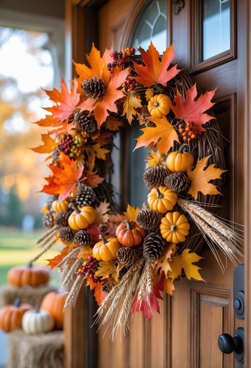 A harvest wreath with autumn leaves, pumpkins, pinecones, and berries hanging on a wooden front door decorated for Thanksgiving.