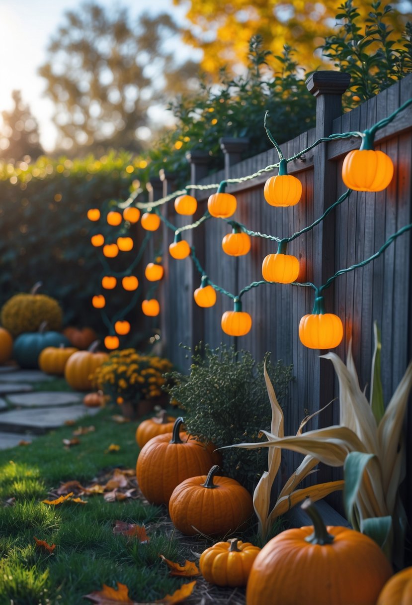 Outdoor garden decorated with glowing orange pumpkin string lights hanging on a wooden fence surrounded by autumn leaves and pumpkins.