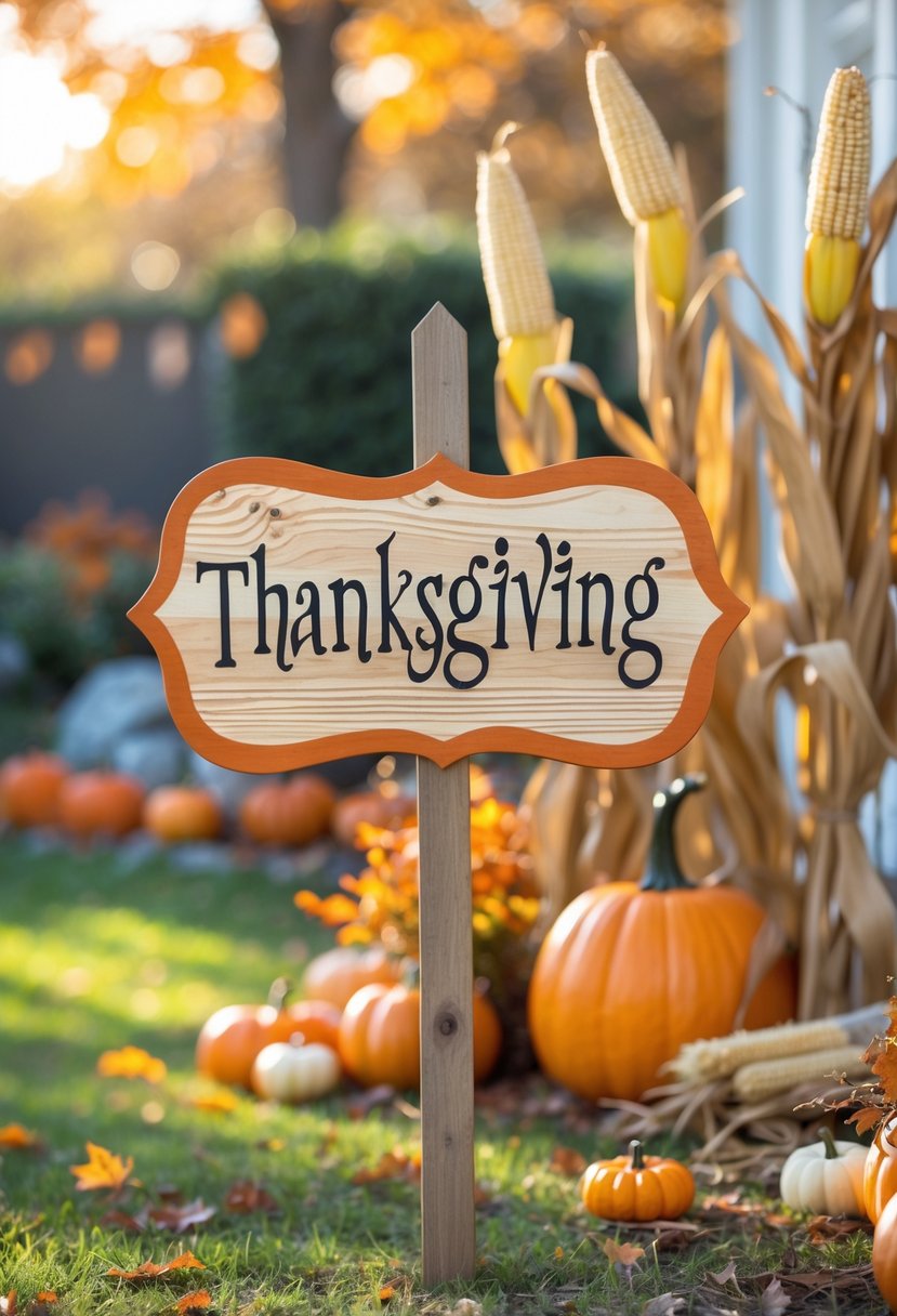 A wooden yard decoration surrounded by pumpkins, fallen leaves, and dried corn stalks in an outdoor autumn setting.