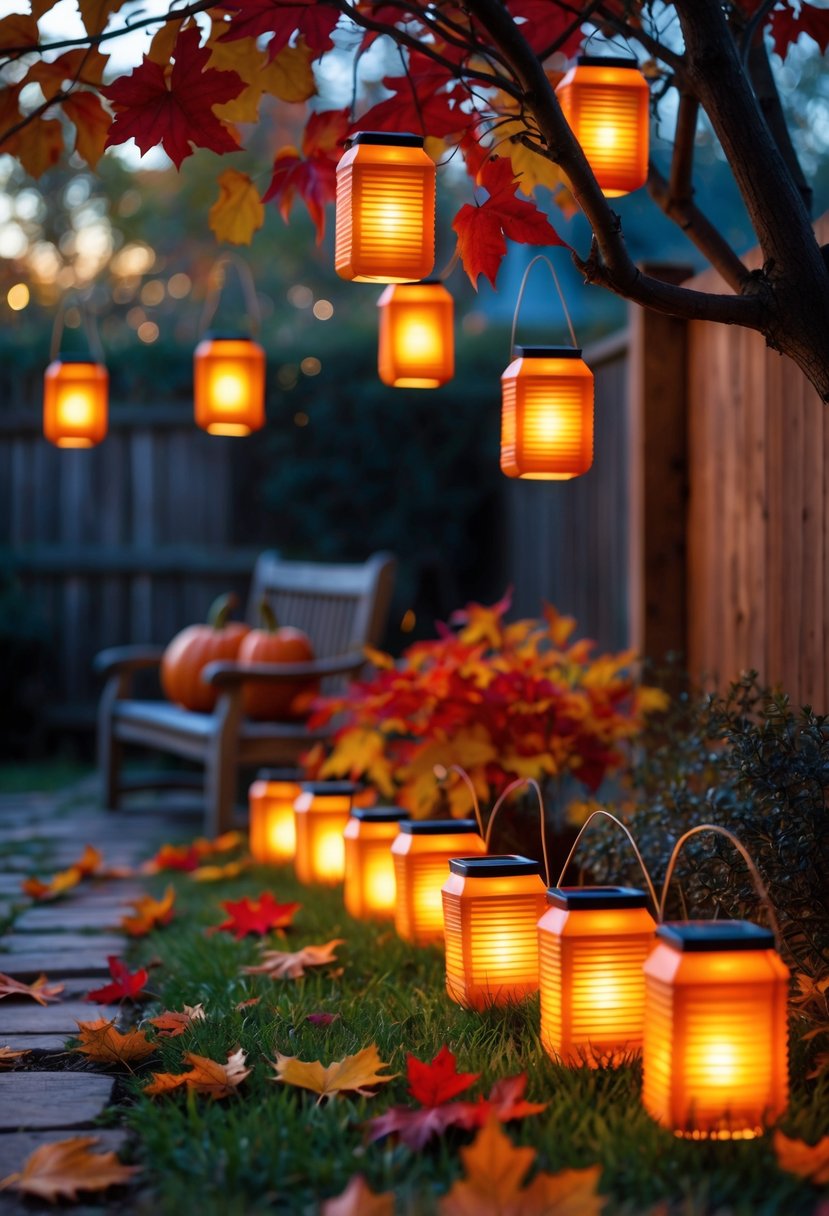 Fifteen glowing orange lanterns hanging outdoors among autumn trees and leaves during Thanksgiving.