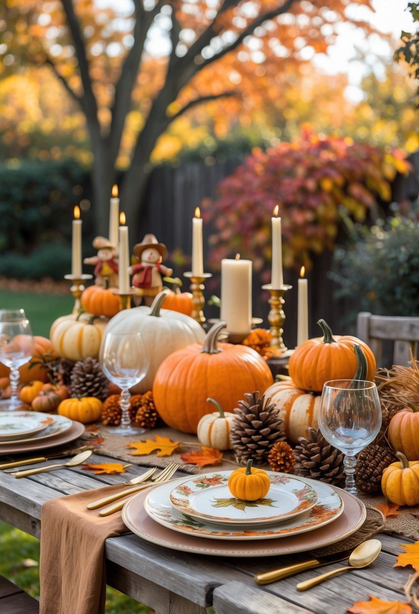 Outdoor wooden table set for Thanksgiving with pumpkins, candles, autumn leaves, and seasonal decorations surrounded by fall foliage.