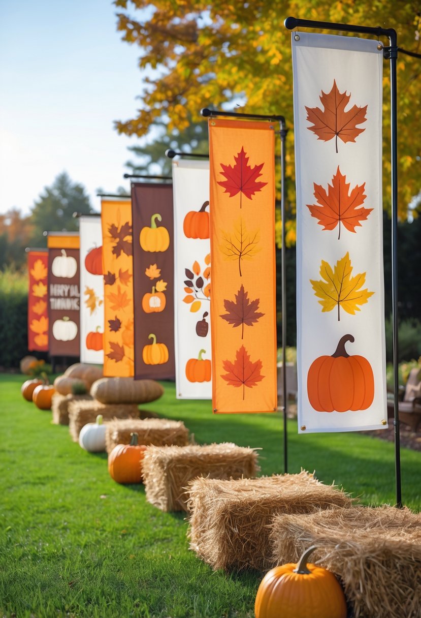 Fifteen colorful fall flags with autumn designs displayed outdoors along a garden path surrounded by seasonal decorations and fall foliage.