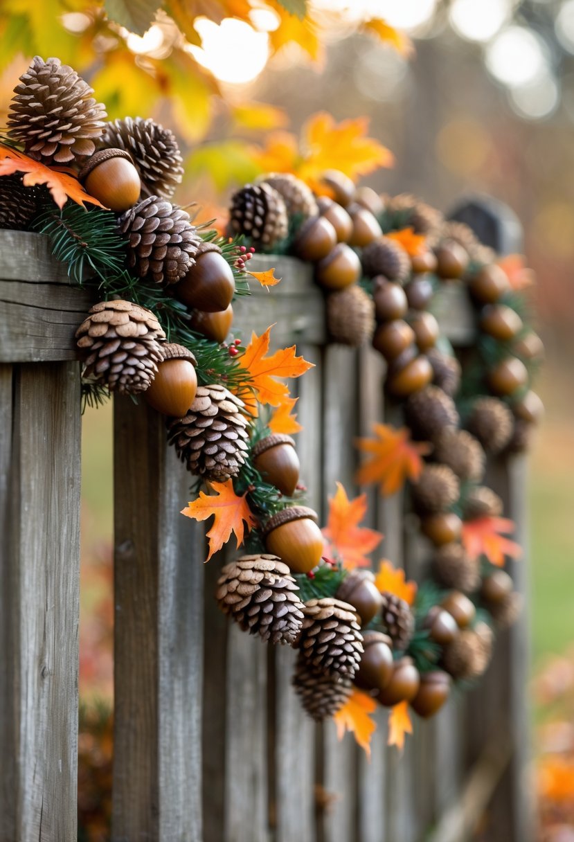 A garland made of acorns and pinecones hanging on a wooden fence outdoors with autumn leaves in the background.