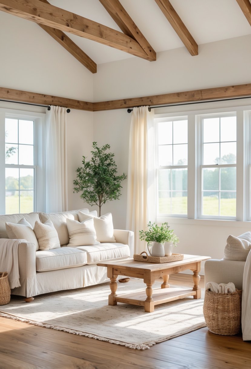 A bright farmhouse living room with off-white walls, wooden beams, a beige sofa, and natural light coming through large windows.
