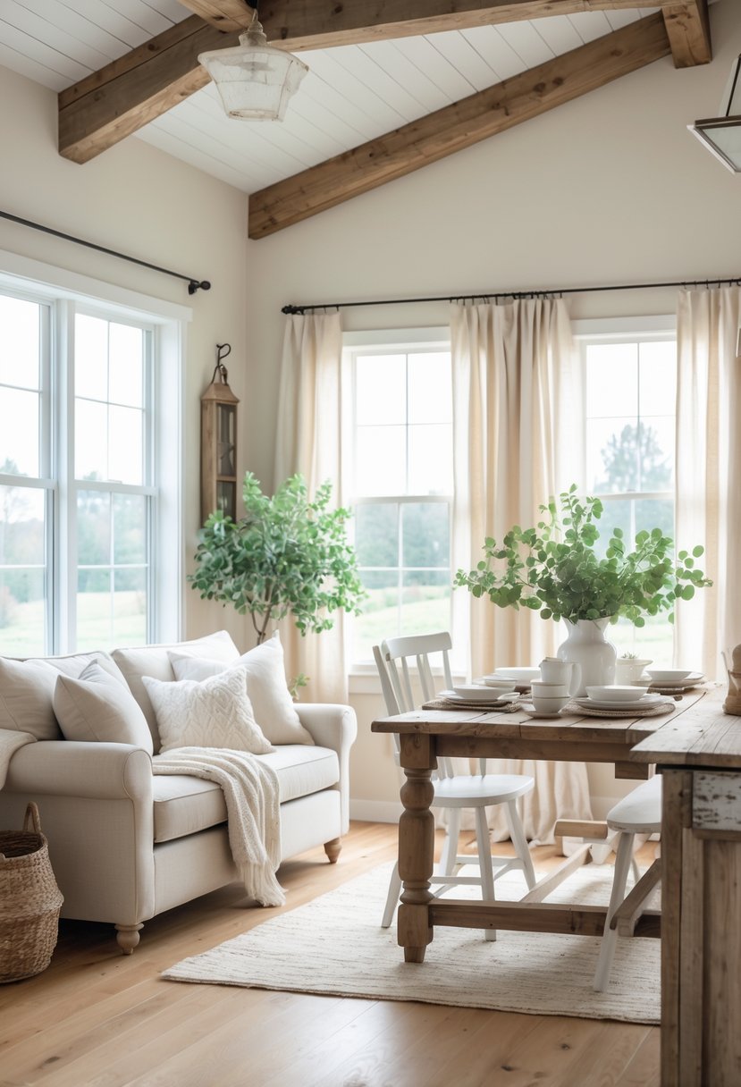 A bright farmhouse interior with off-white walls, wooden beams, a beige sofa, wooden dining table, and natural light coming through a large window.