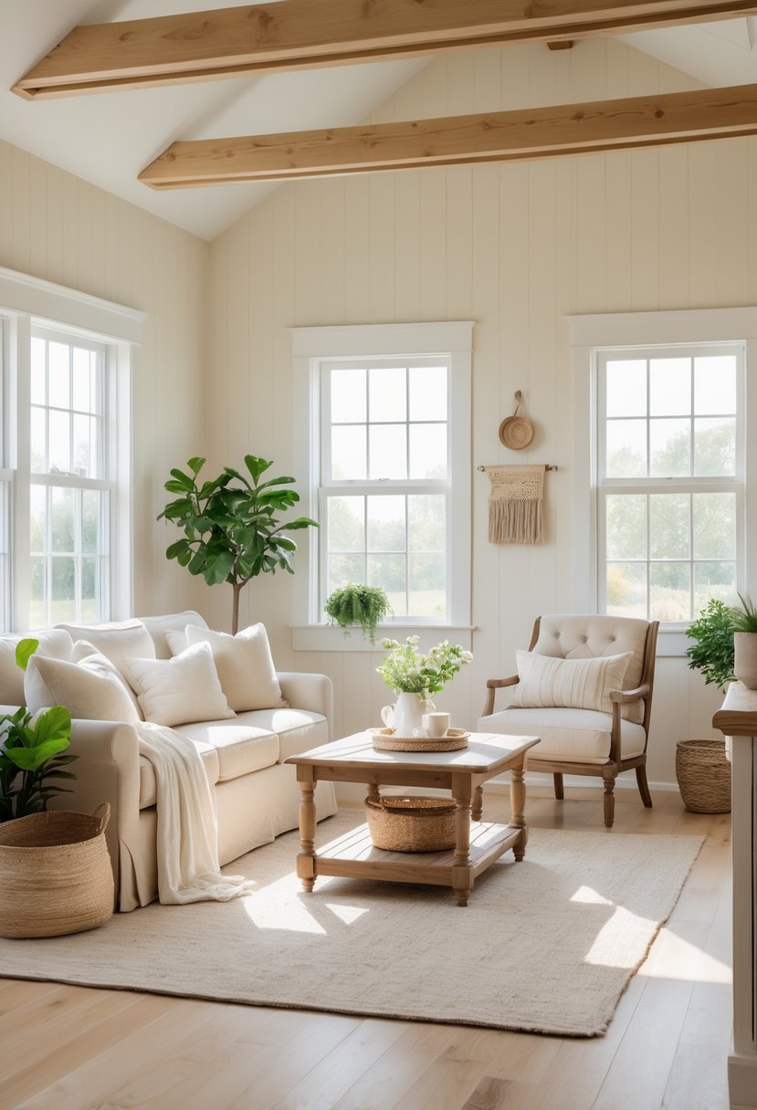 A bright farmhouse living room with creamy off-white walls, wooden beams, a beige sofa, and natural sunlight streaming through large windows.