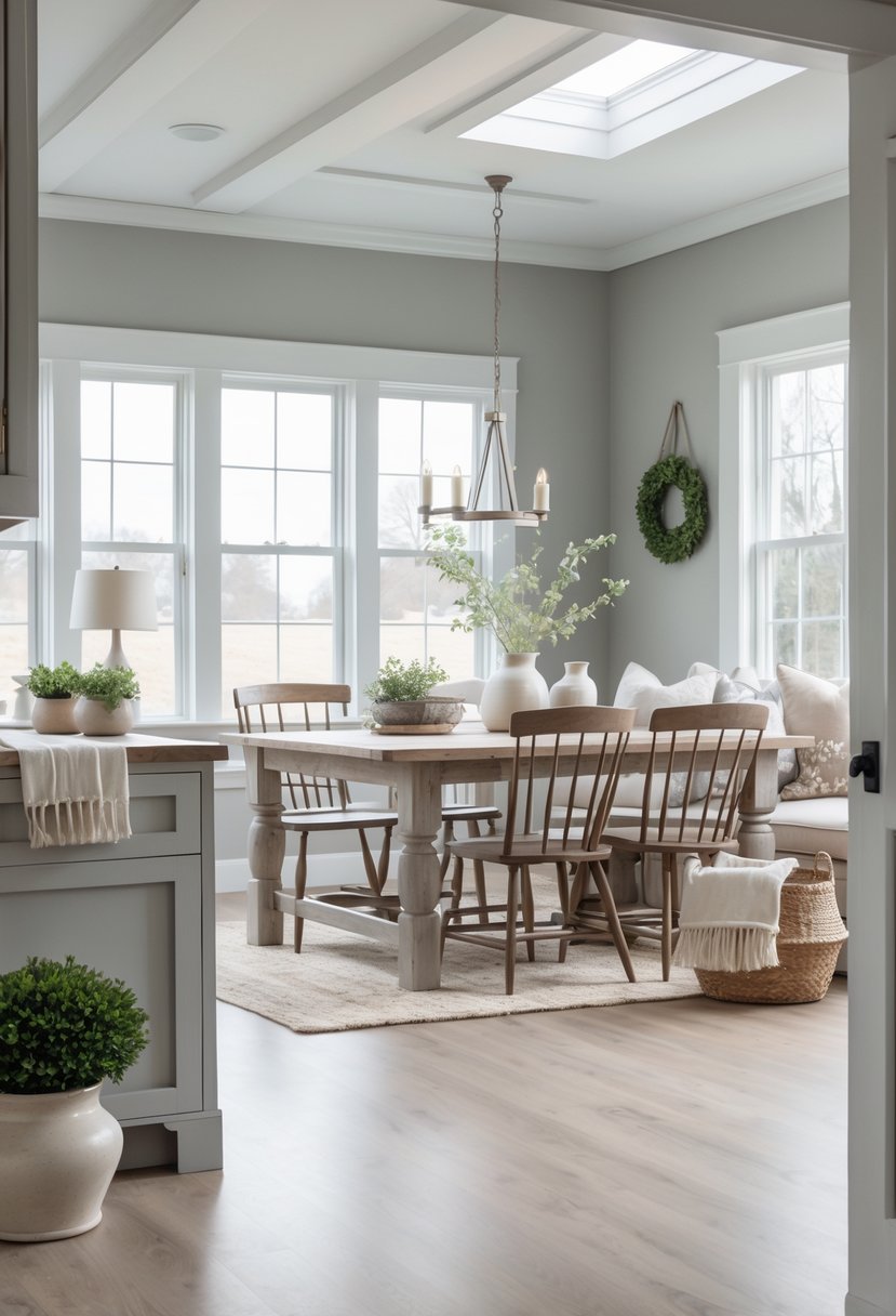 A farmhouse living room with soft gray walls, wooden furniture, and natural light coming through large windows.