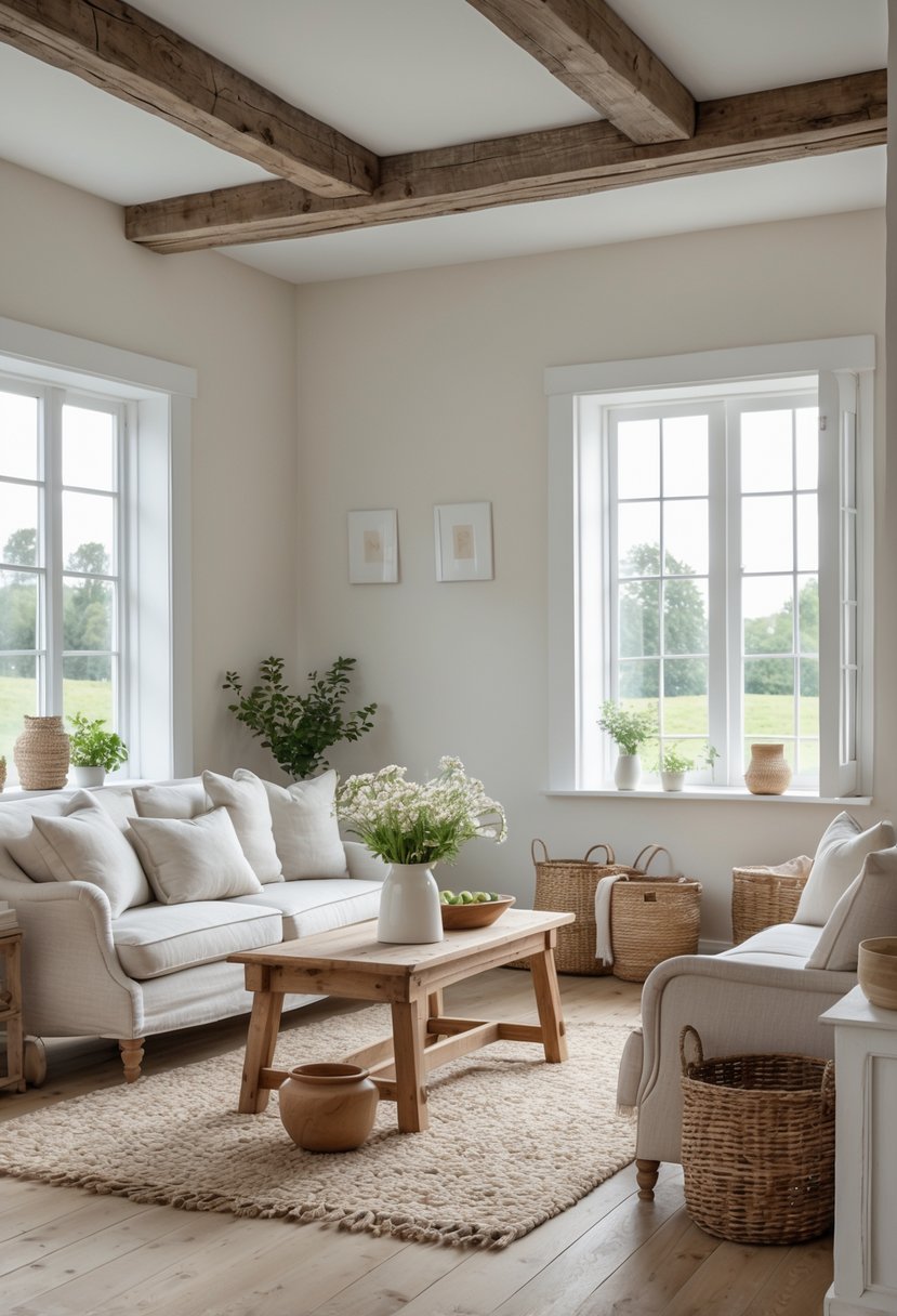 A bright farmhouse living room with off-white walls, wooden beams, a linen sofa, wooden coffee table, and natural light coming through large windows.