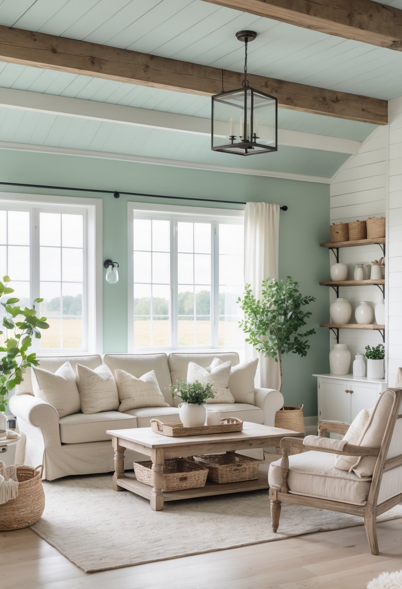 A bright farmhouse living room with soft greenish-blue walls, wooden beams, cozy furniture, and natural light coming through large windows.