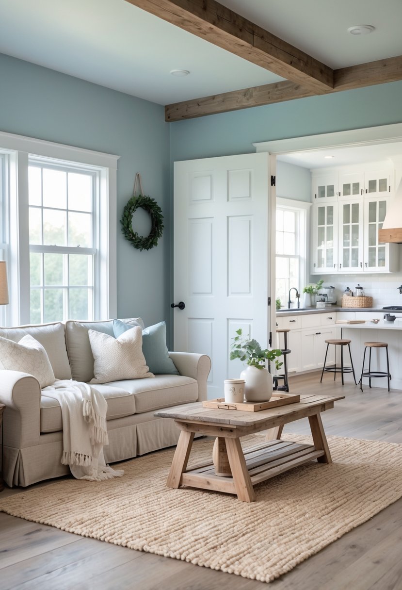 A bright farmhouse living room with soft blue walls, wooden beams, a beige sofa, and natural light coming through large windows.