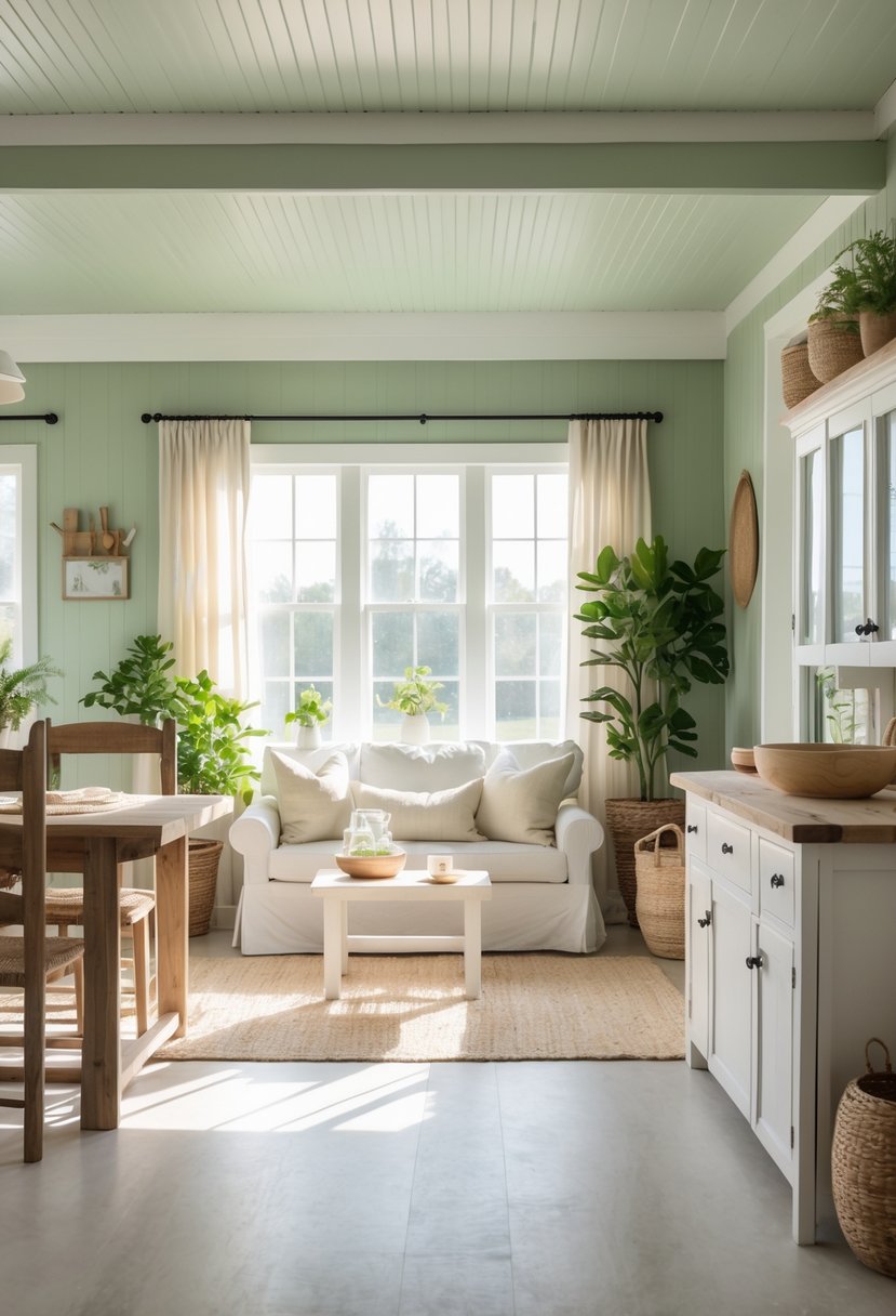 A farmhouse living room with sage green walls, wooden furniture, natural textiles, and sunlight coming through large windows.