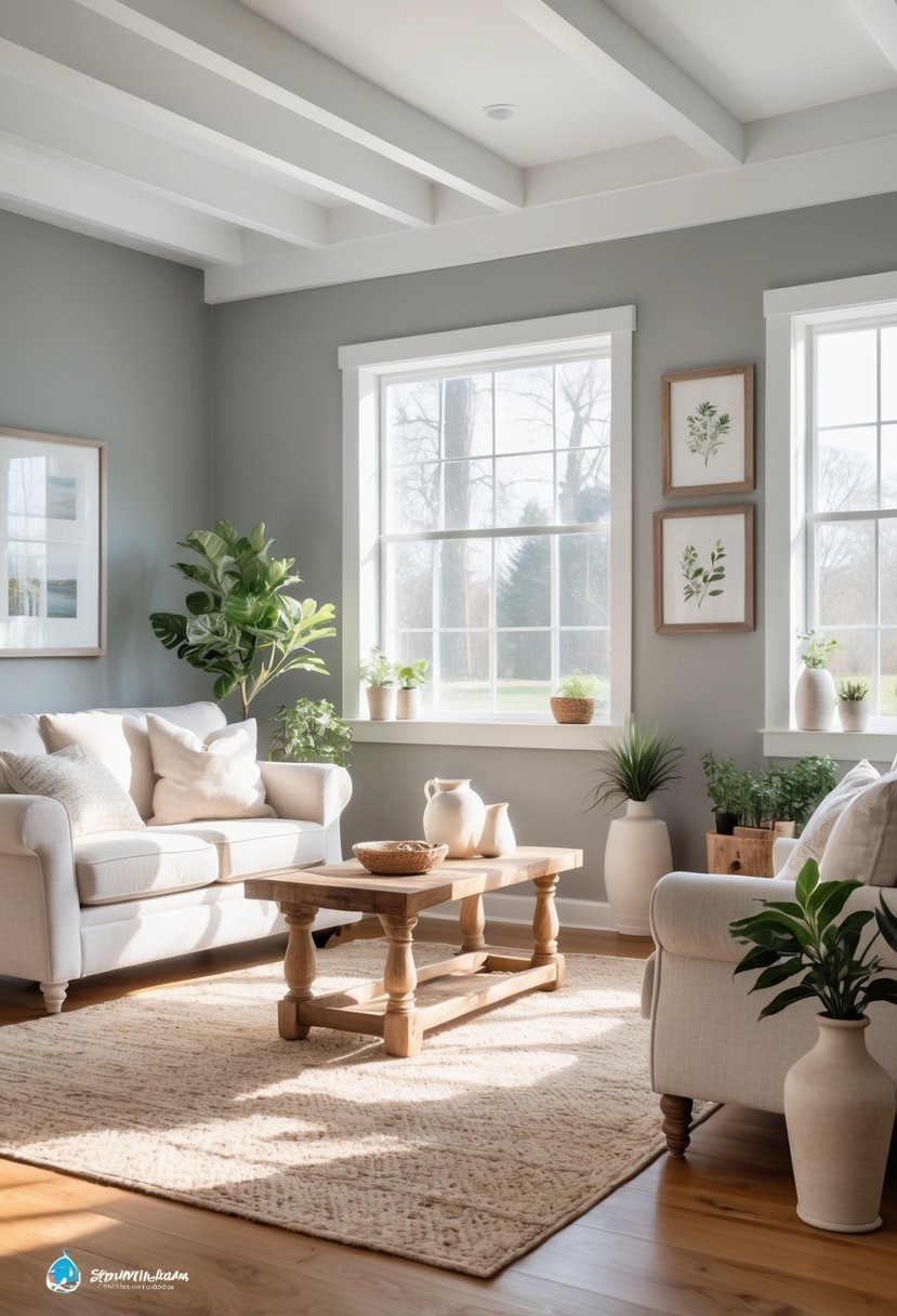 A bright farmhouse living room with soft gray walls, a beige sofa, wooden coffee table, and sunlight coming through large windows.
