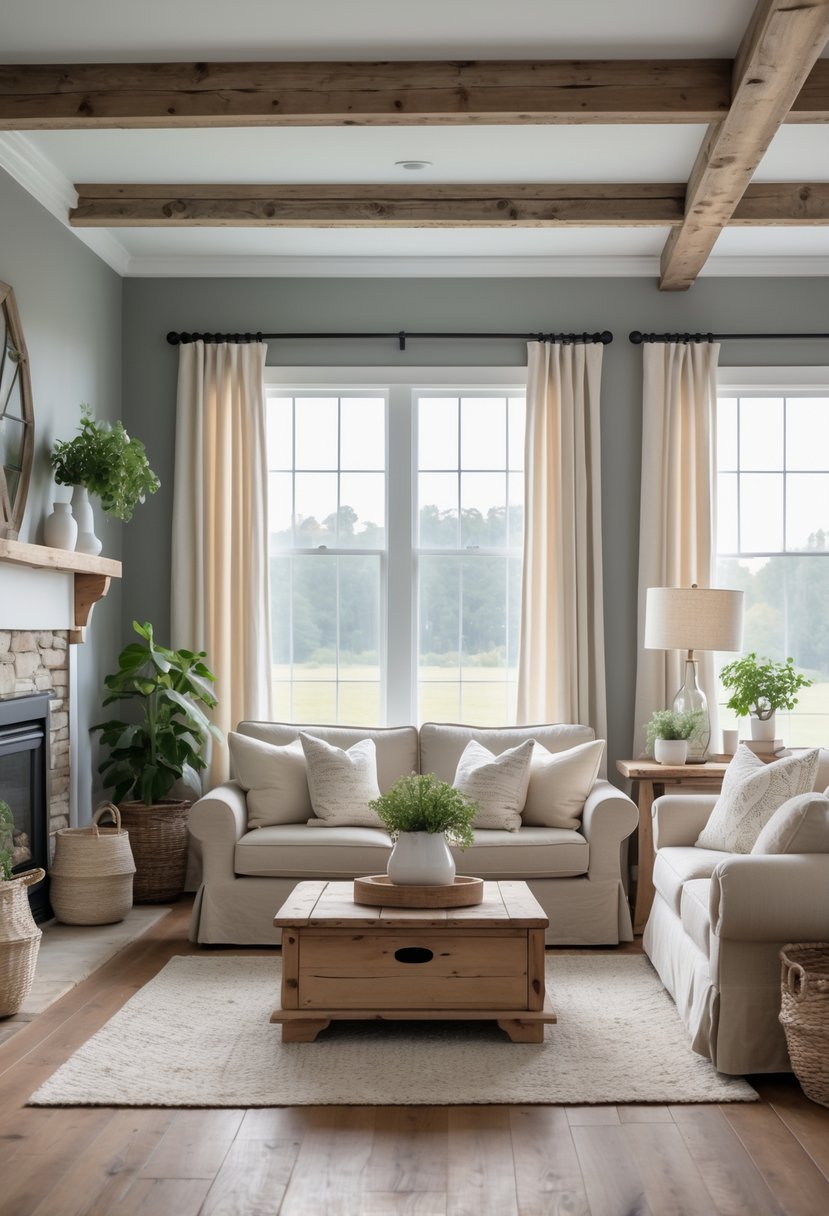 A cozy farmhouse living room with gray walls, wooden beams, a beige sofa, a fireplace, and plants.